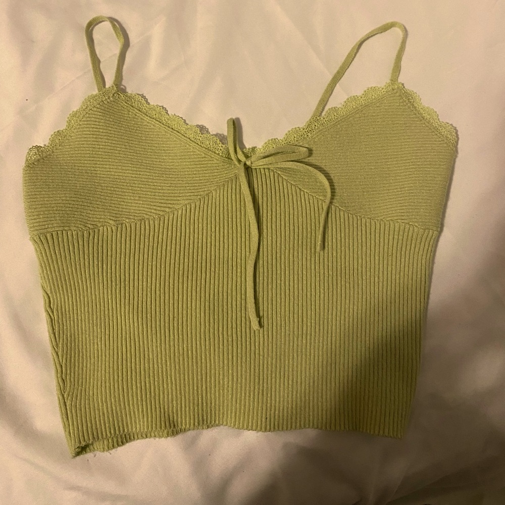 Coquette lace trim sage green top